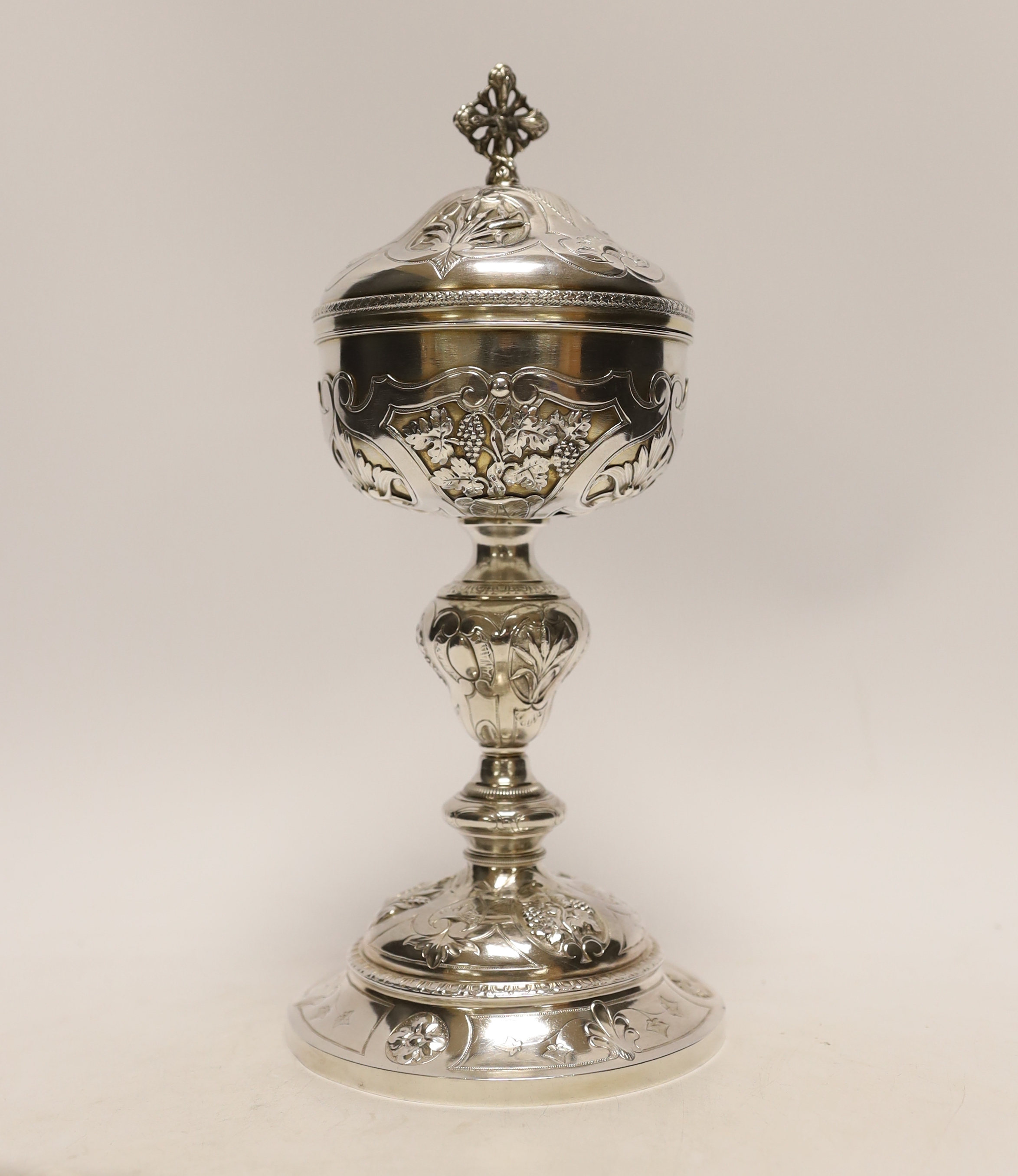 A late 19th/early 20th century French 950 standard white metal ciborium and cover, maker ?T, height 27cm, 13.1oz.